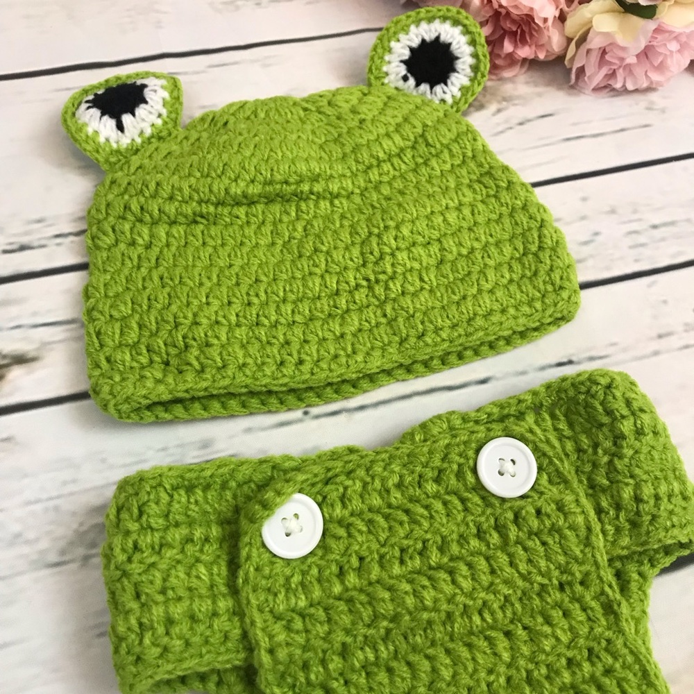 Newborn Baby Crochet Knit Frog Outfit Photo Prop - Picture 4 of 8